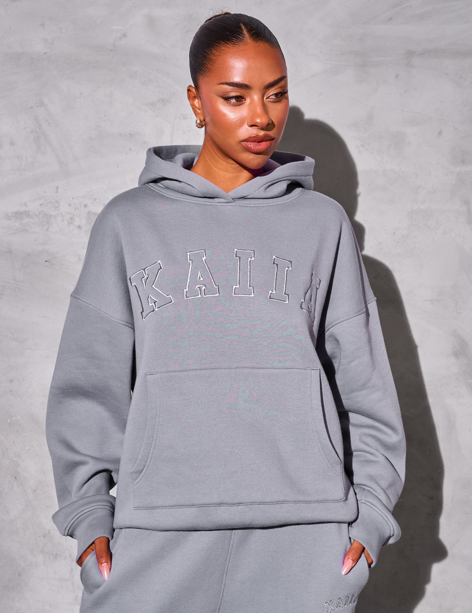 Kaiia Slogan Oversized Hoodie Dove Grey