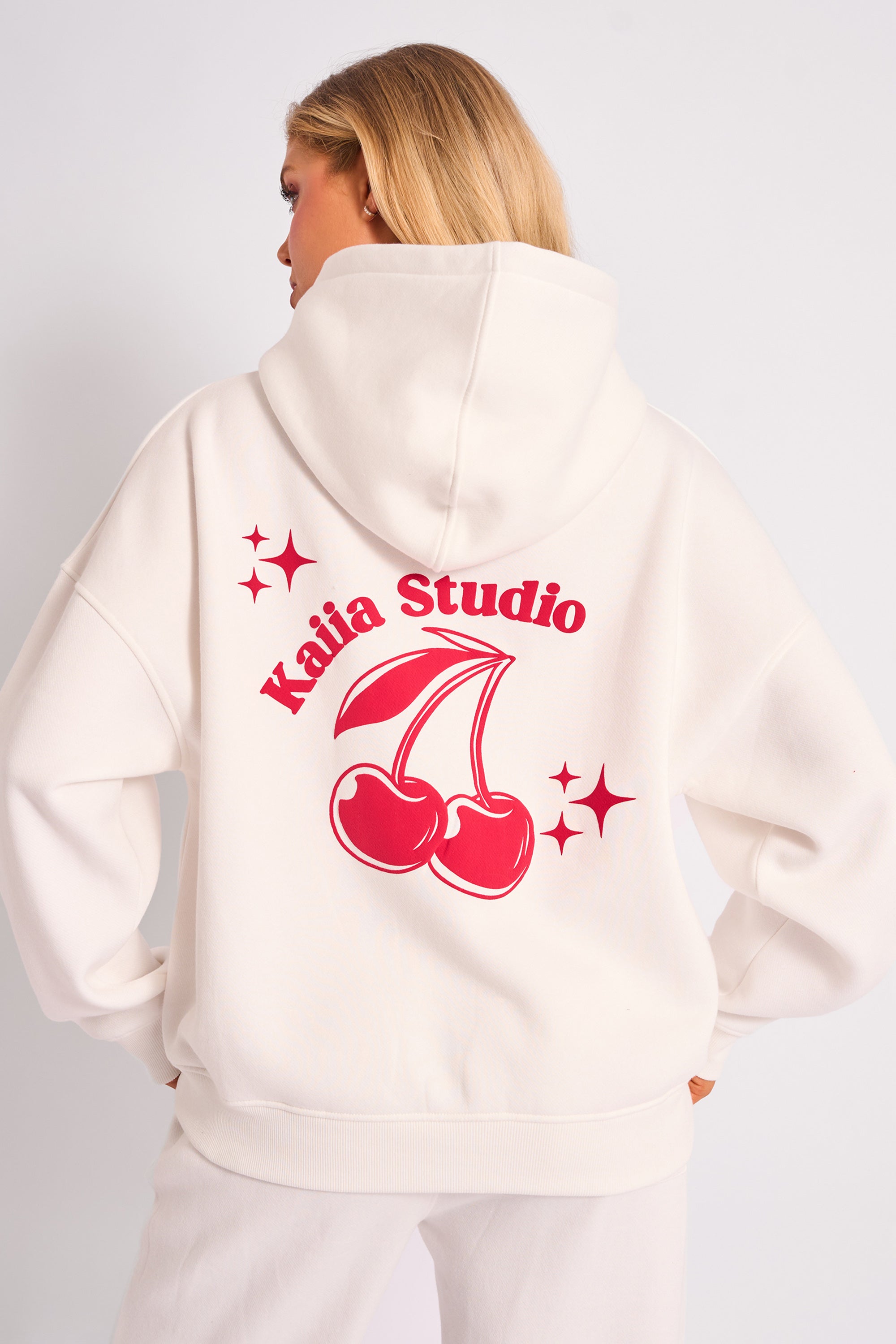 Kaiia Studio Cherry Graphic Oversized Hoodie Cream & Red