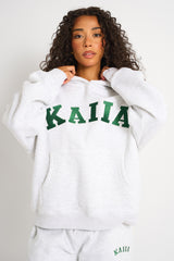 Kaiia Slogan Oversized Hoodie Light Grey Marl & Forest Green