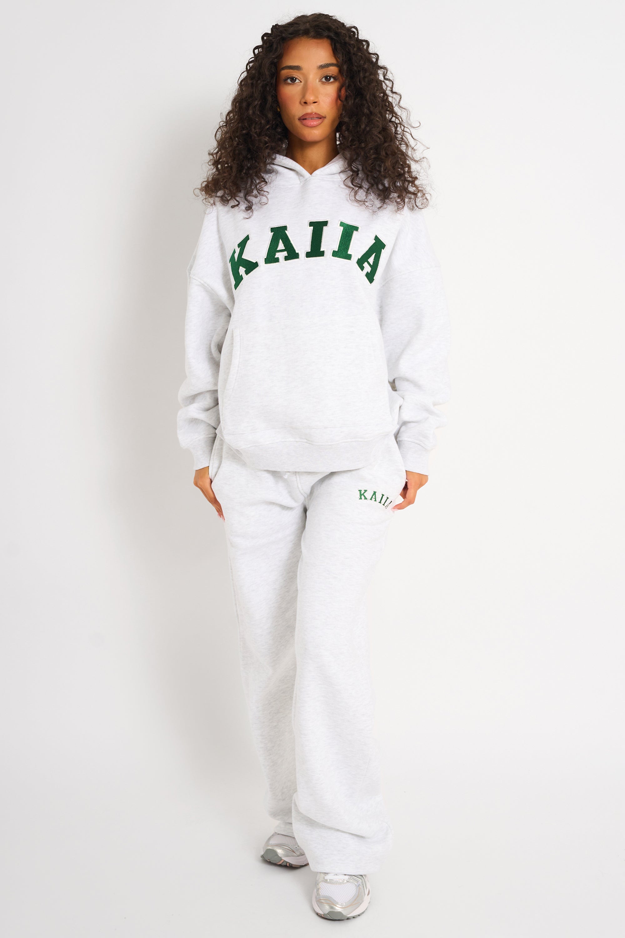 Kaiia Slogan Oversized Hoodie Light Grey Marl & Forest Green