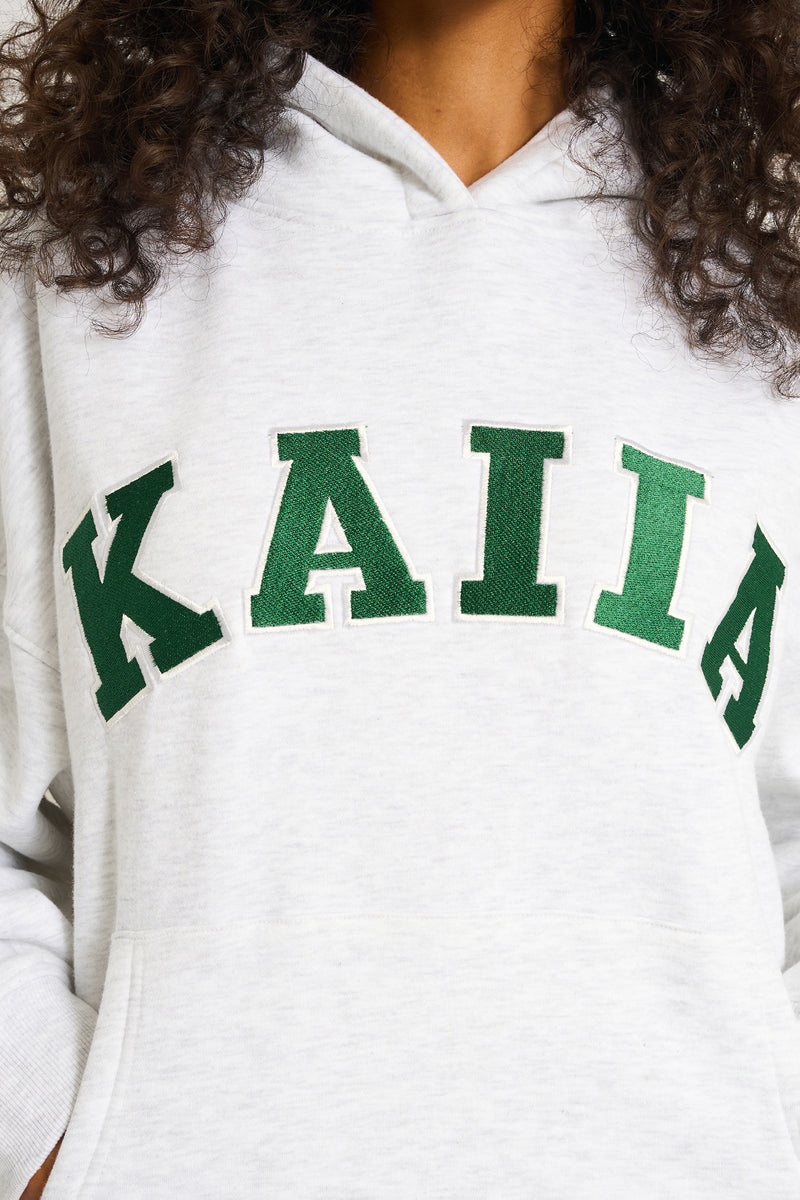 Kaiia Slogan Oversized Hoodie Light Grey Marl & Forest Green