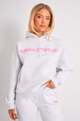 Kaiia Studio Borg Bubble Logo Oversized Hoodie Grey Marl & Pink