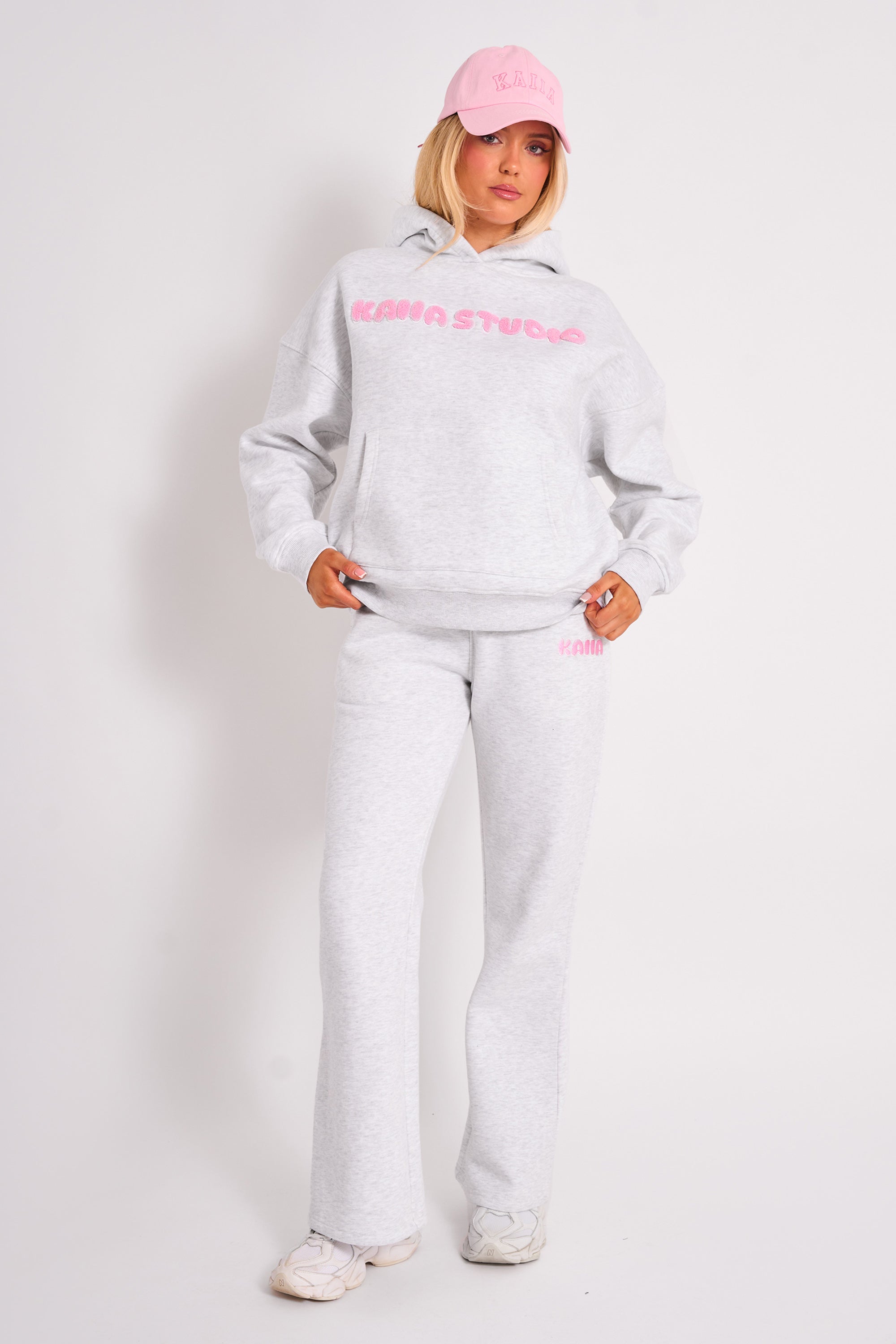 Kaiia Studio Borg Bubble Logo Oversized Hoodie Grey Marl & Pink