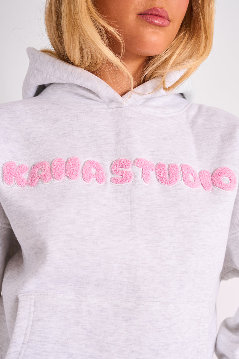 Kaiia Studio Borg Bubble Logo Oversized Hoodie Grey Marl & Pink