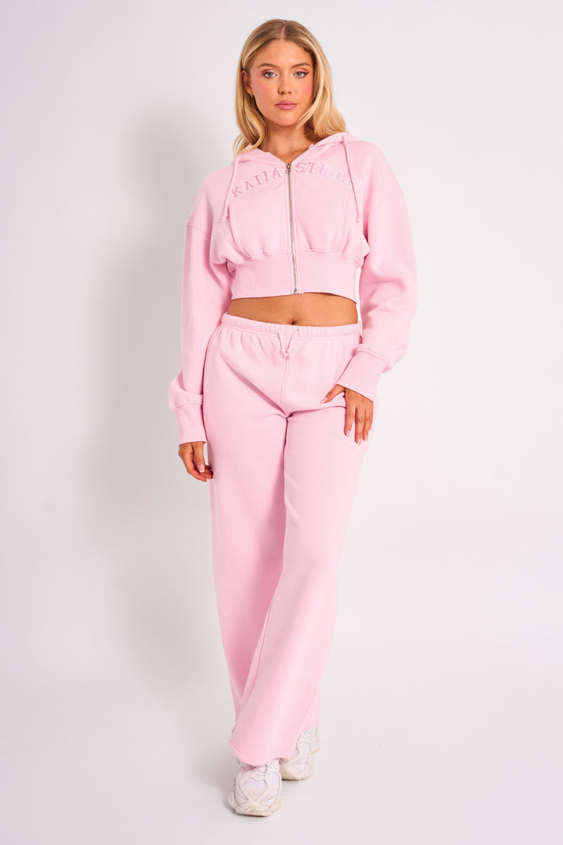 Kaiia Studio Logo Cropped Zip Up Hoodie Light Pink