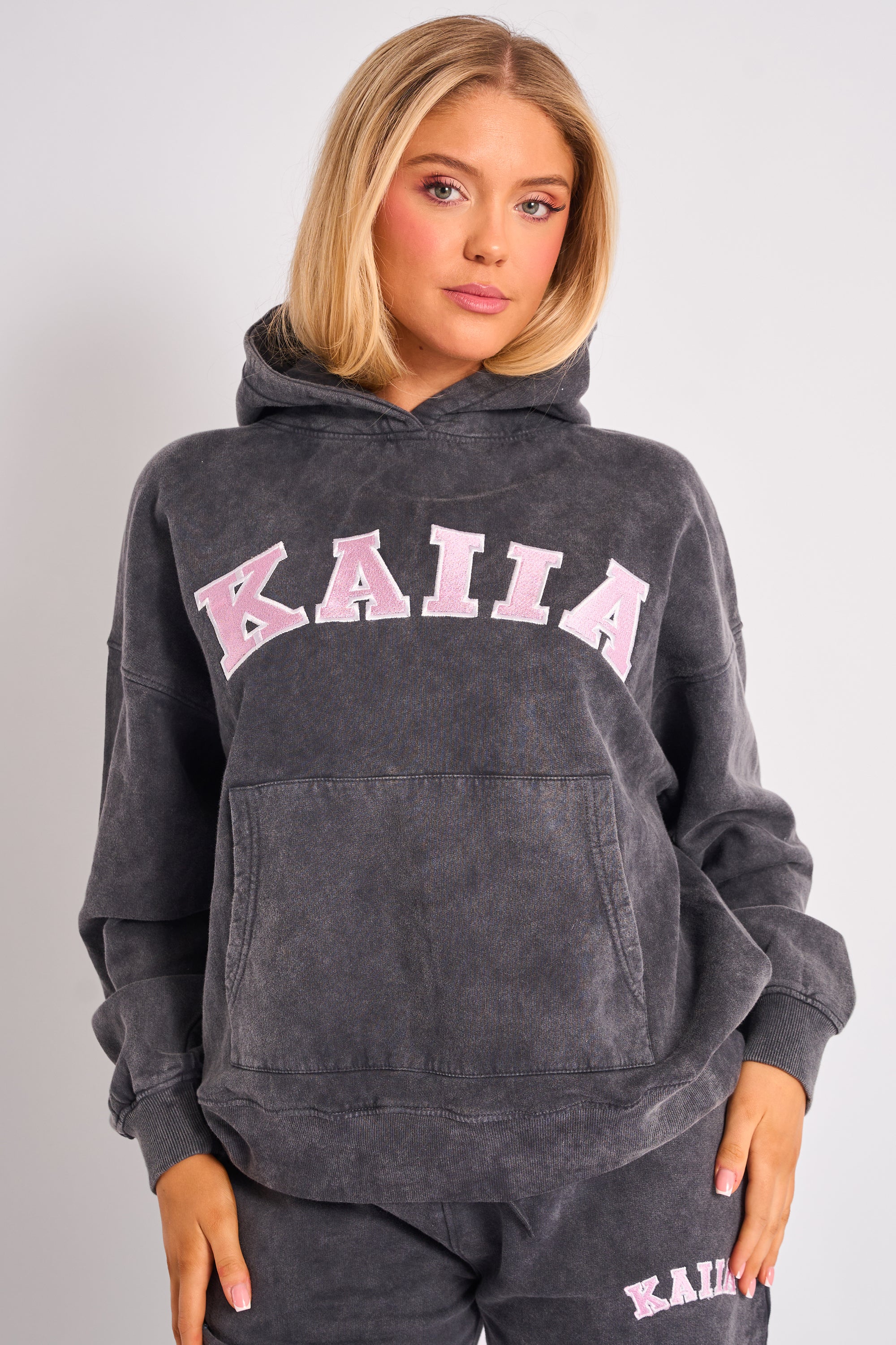 Kaiia Slogan Oversized Hoodie Washed Dark Grey & Pink