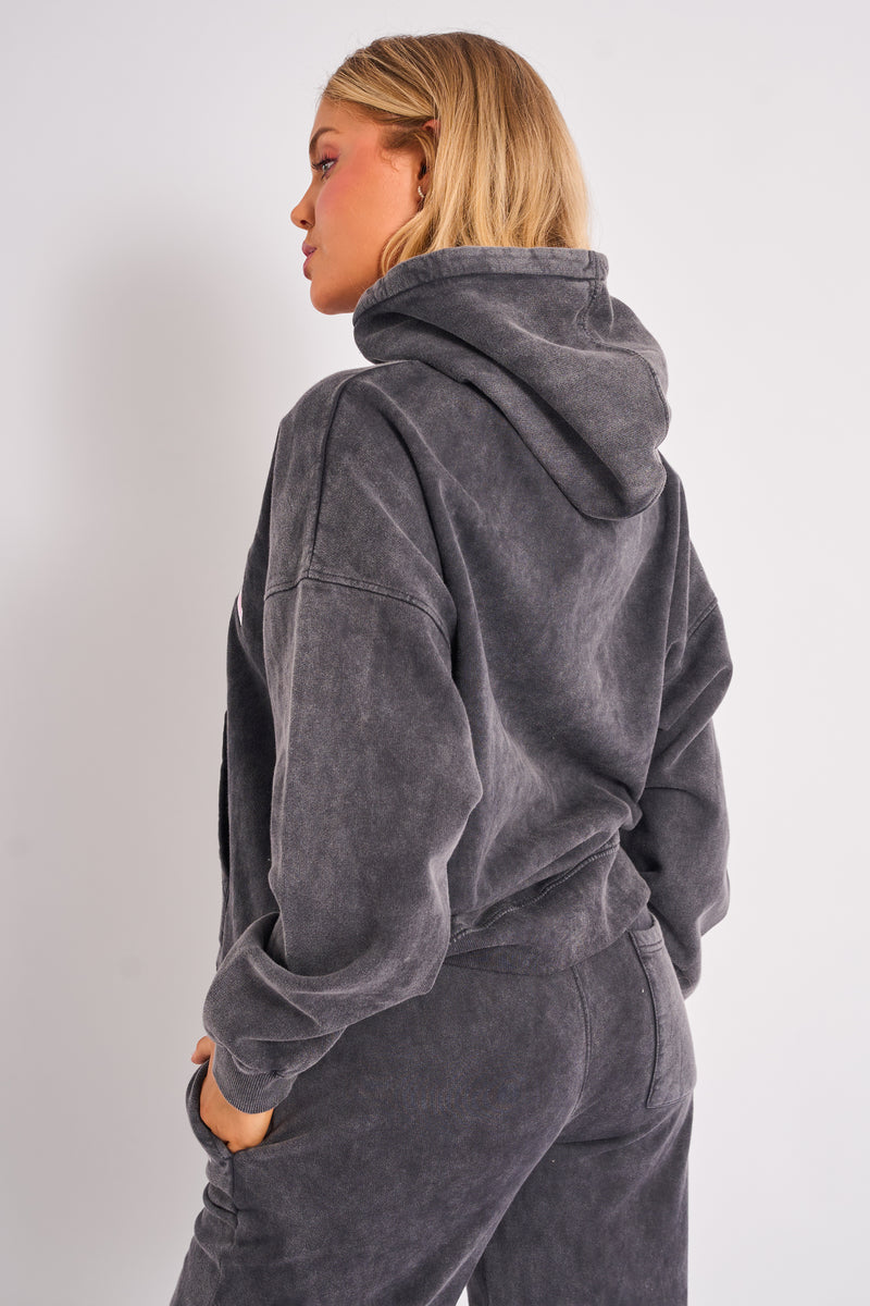 Kaiia Slogan Oversized Hoodie Washed Dark Grey & Pink