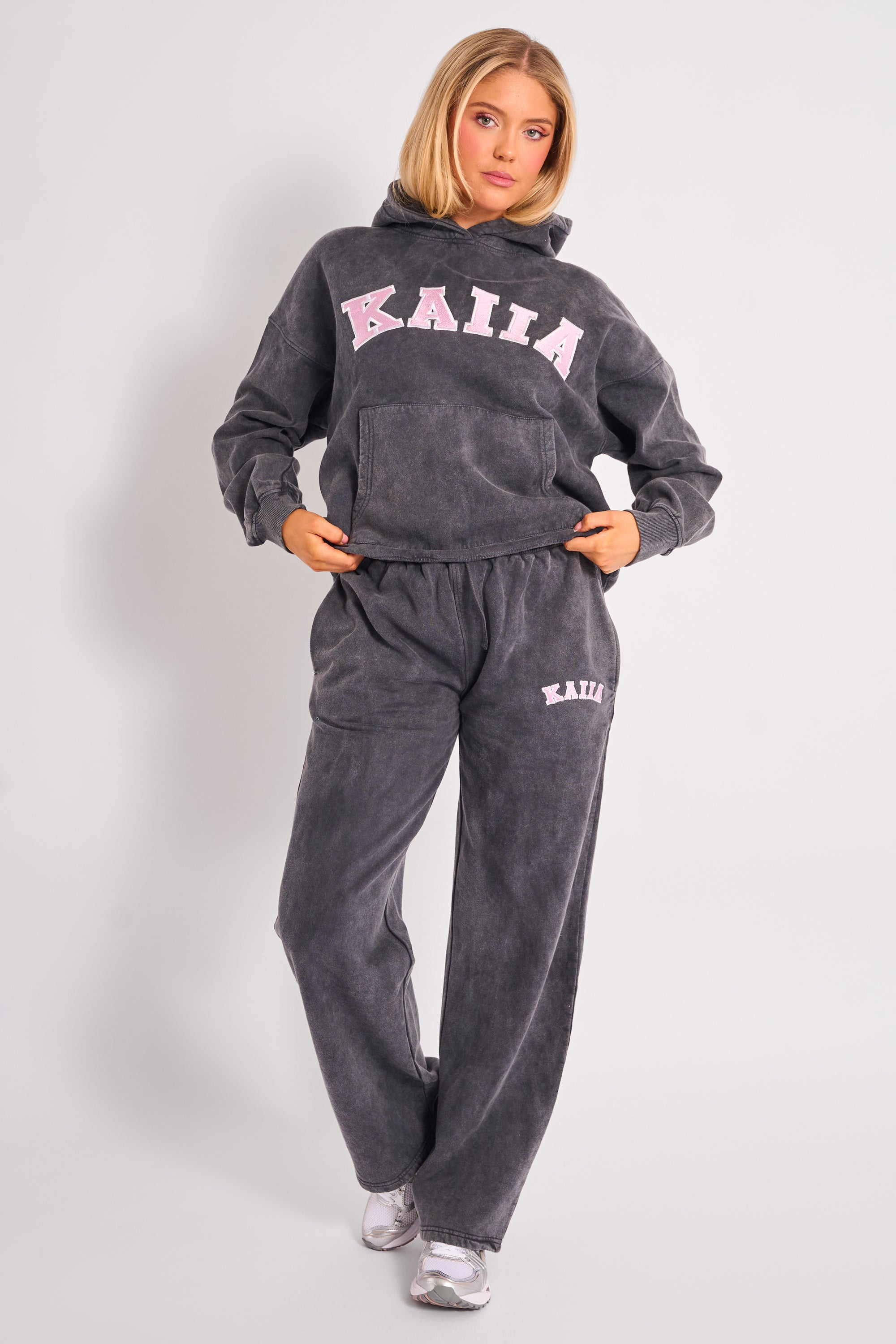 Kaiia Slogan Oversized Hoodie Washed Dark Grey & Pink