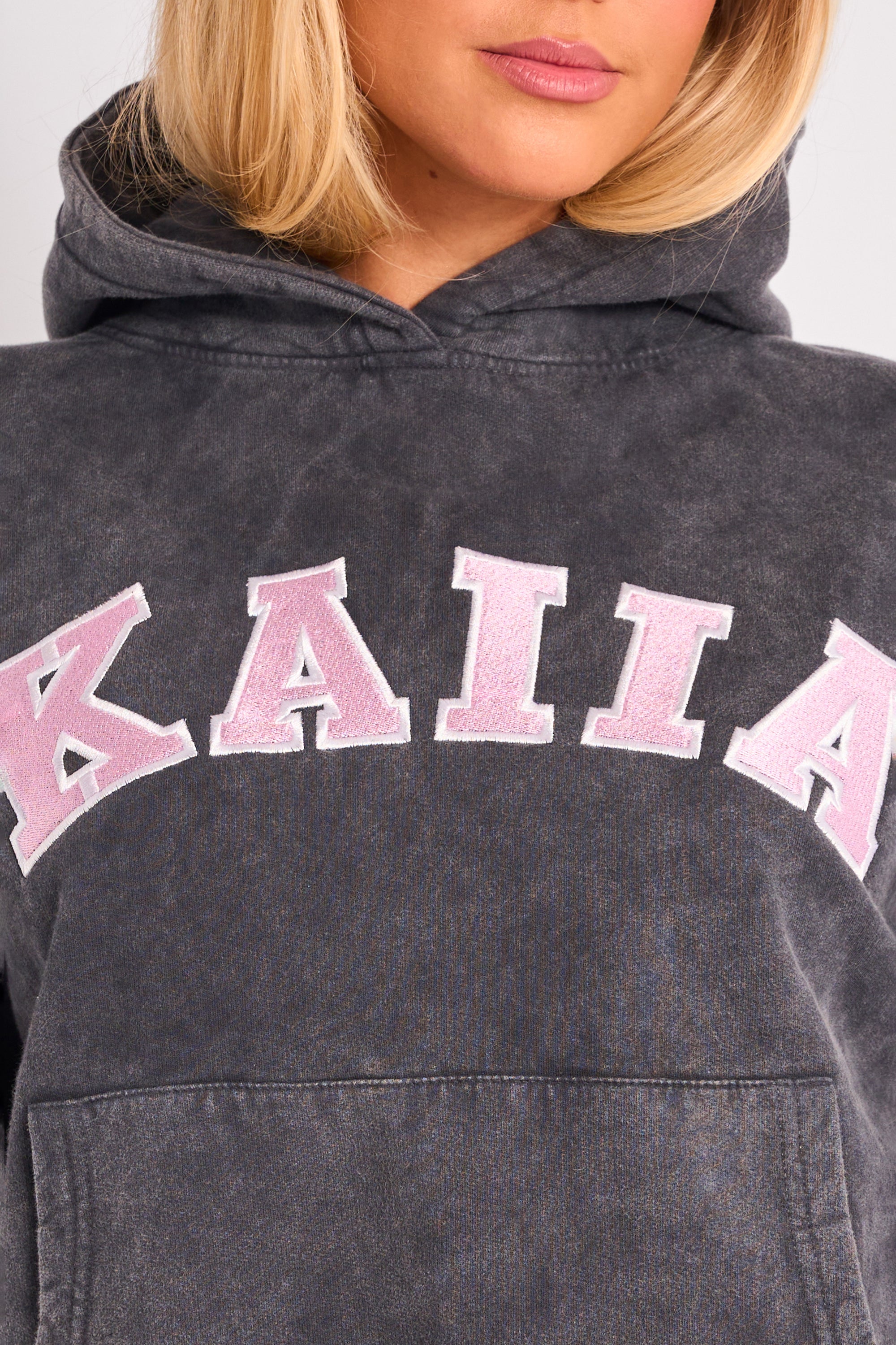 Kaiia Slogan Oversized Hoodie Washed Dark Grey & Pink