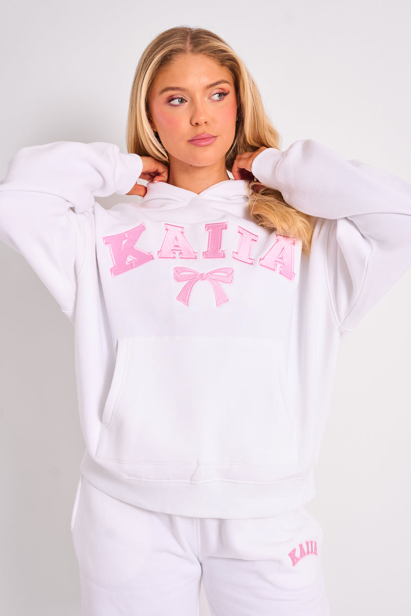 Kaiia Bow Embroidered Oversized Hoodie White & Pink