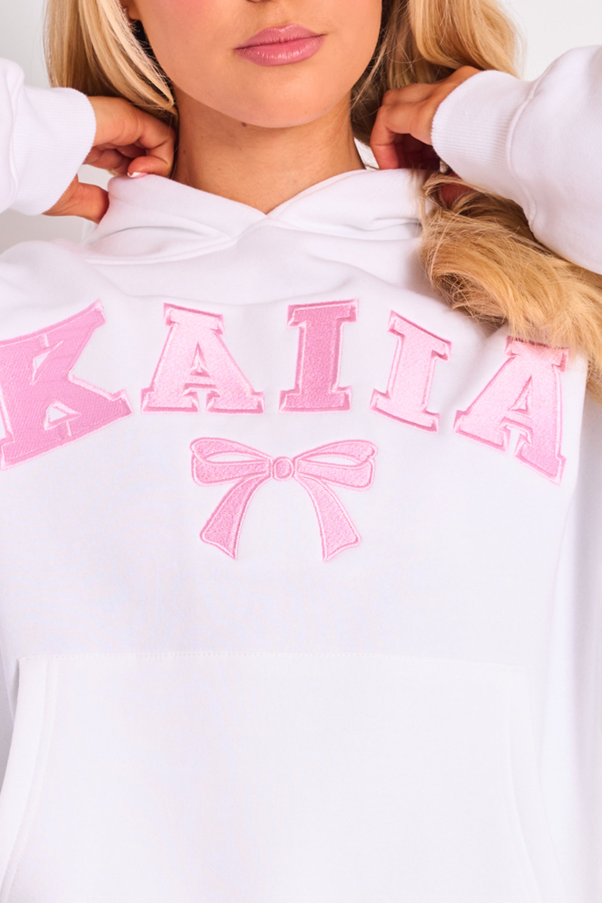 Kaiia Bow Embroidered Oversized Hoodie White & Pink