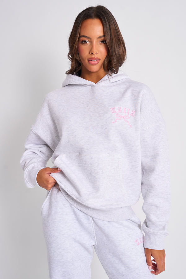 Kaiia Bow Embroidered Oversized Hoodie Light Grey Marl & Baby Pink