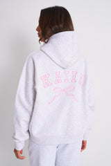 Kaiia Bow Embroidered Oversized Hoodie Light Grey Marl & Baby Pink