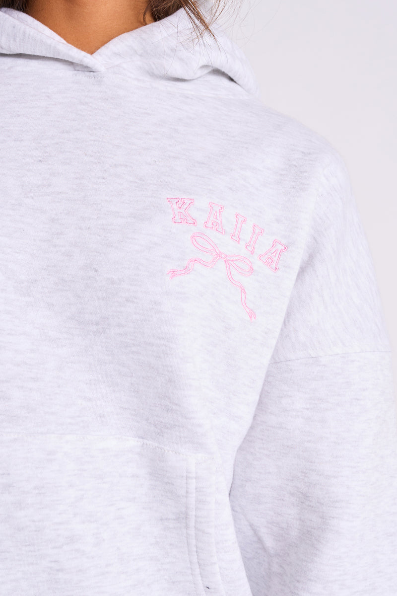 Kaiia Bow Embroidered Oversized Hoodie Light Grey Marl & Baby Pink