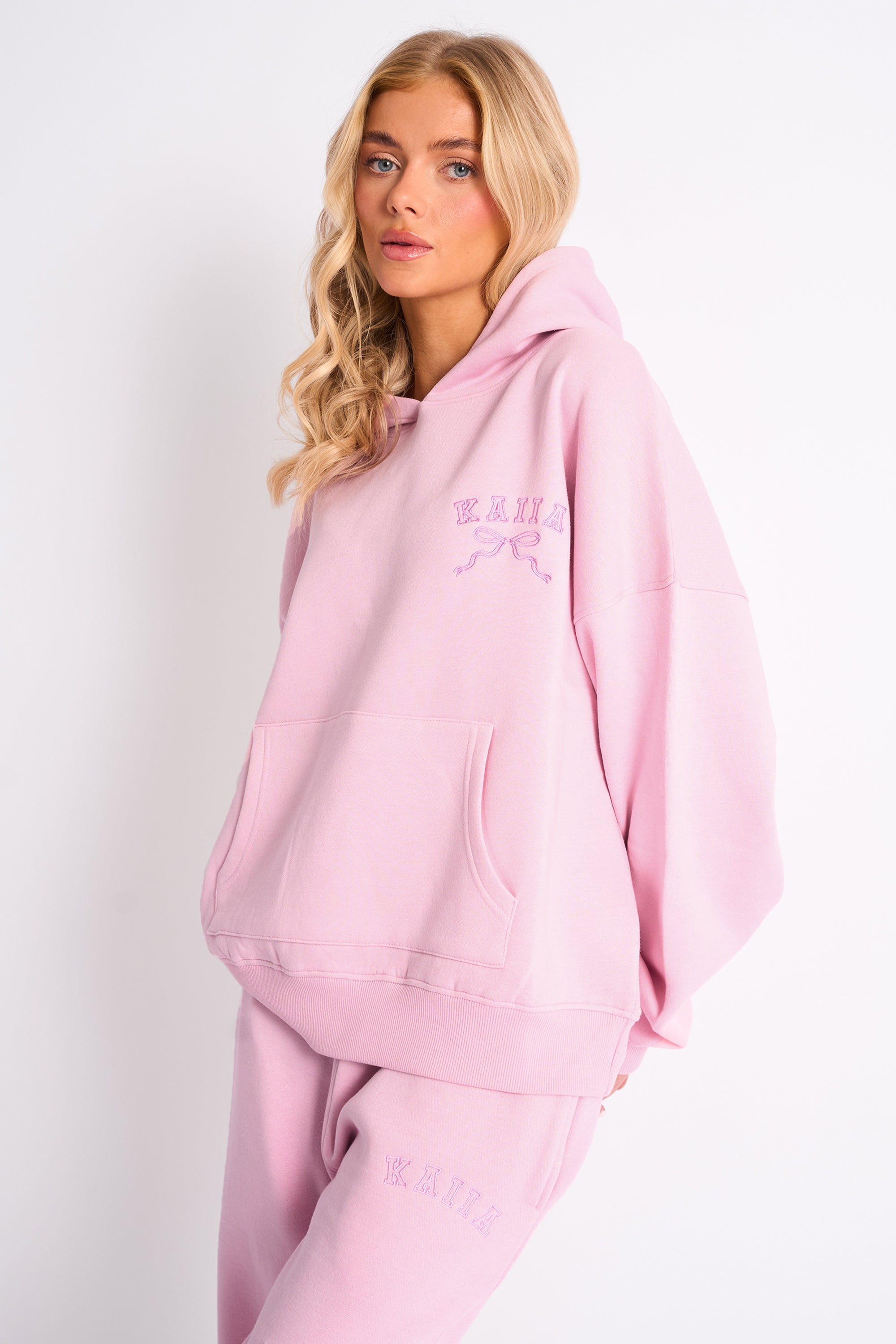 Kaiia Bow Embroidered Oversized Hoodie Baby Pink