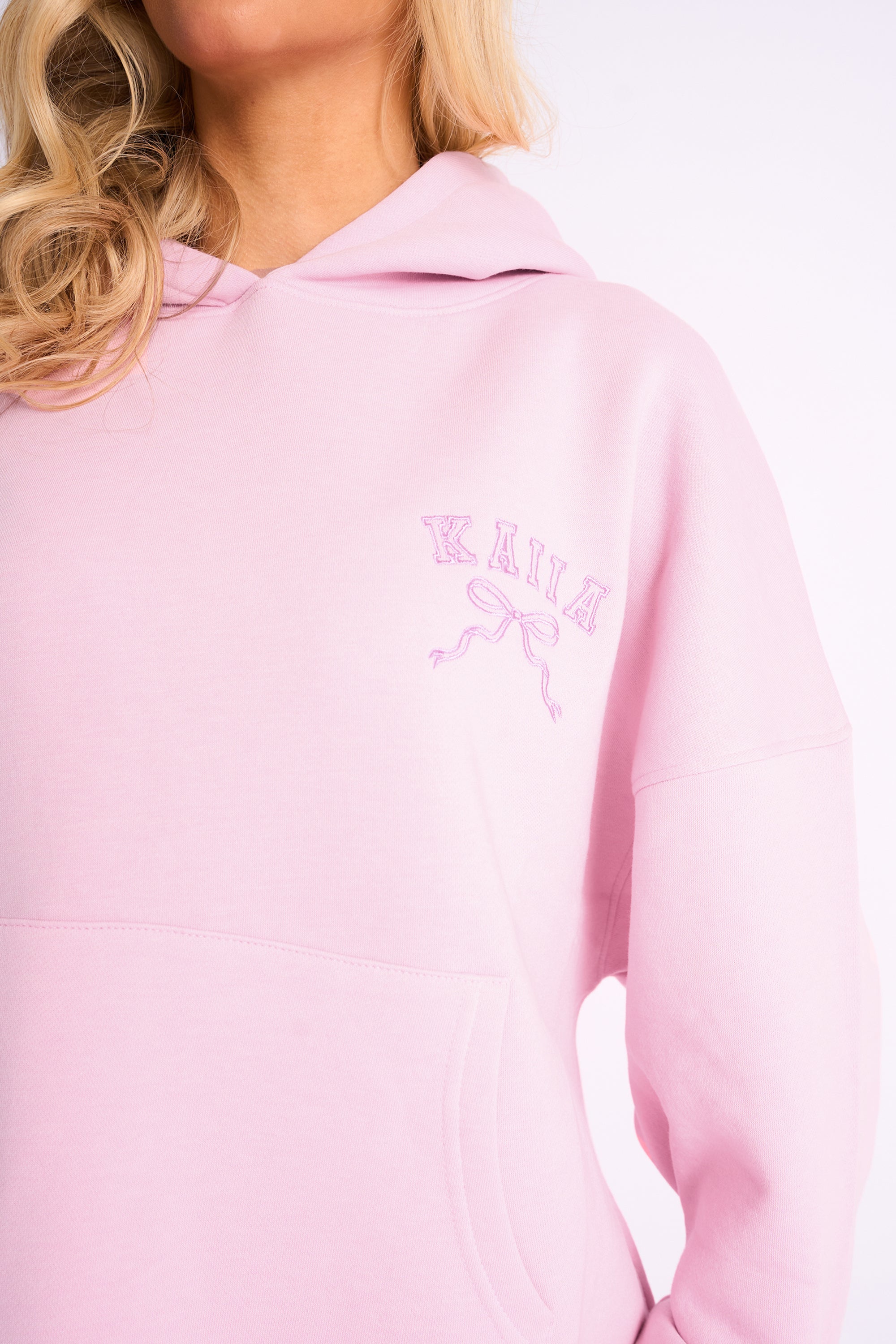 Kaiia Bow Embroidered Oversized Hoodie Baby Pink