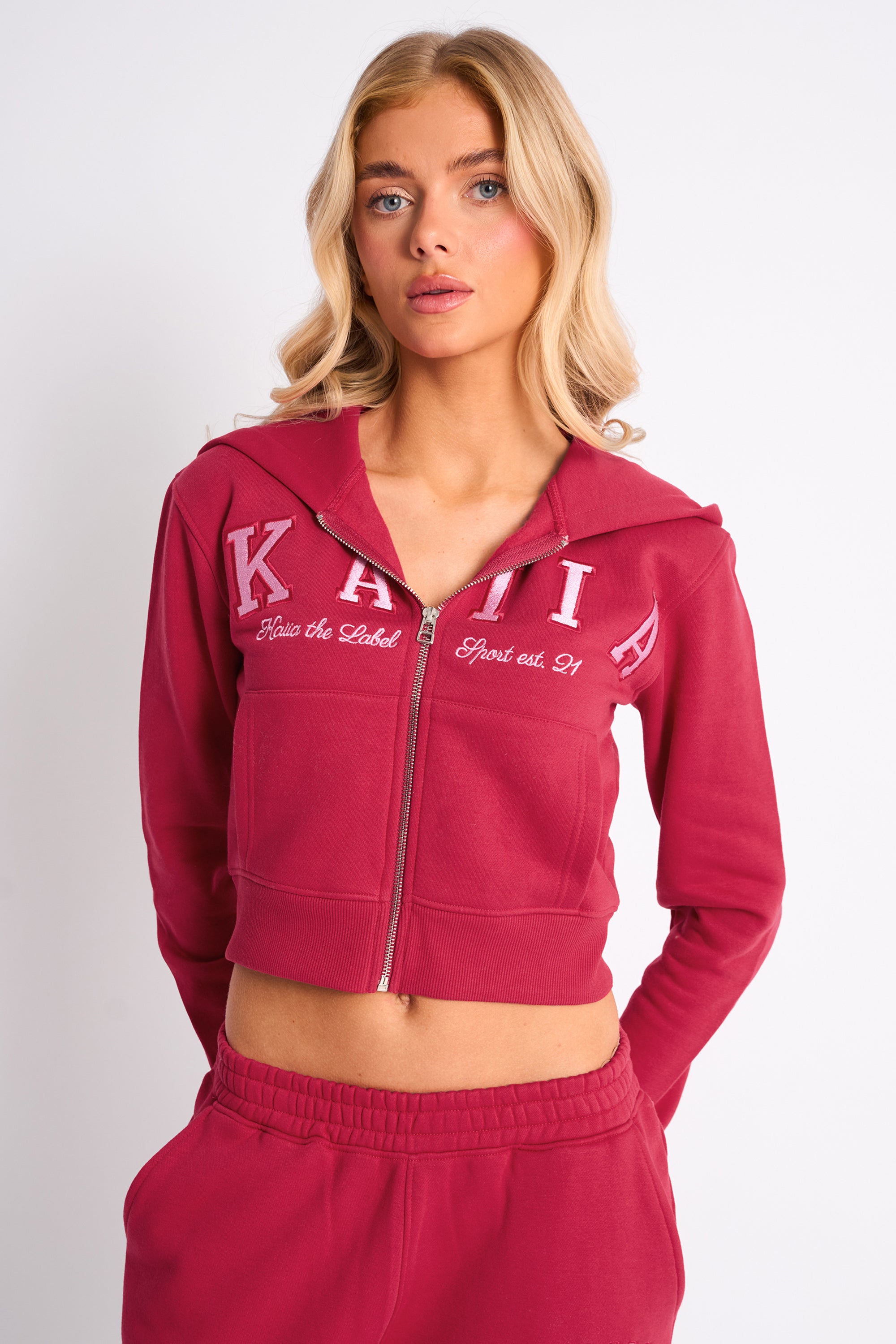 Kaiia Slogan Cropped Zip Up Hoodie Cranberry & Pink