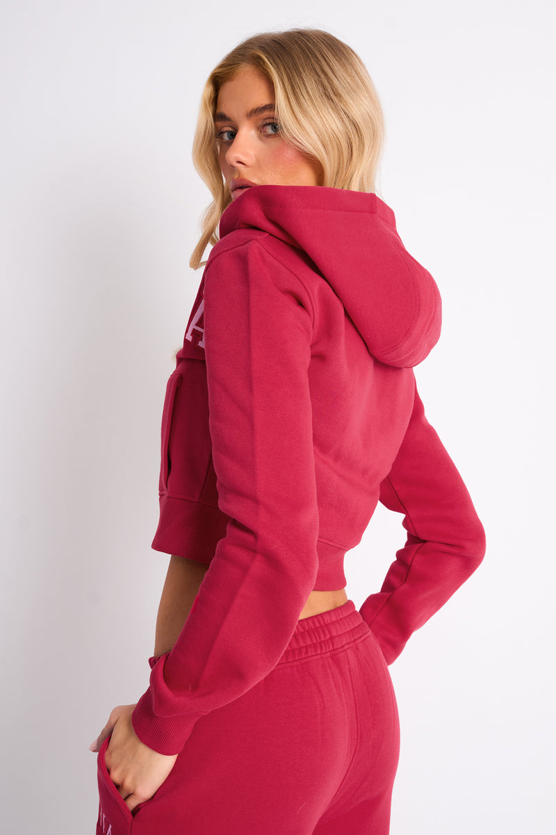 Kaiia Slogan Cropped Zip Up Hoodie Cranberry & Pink