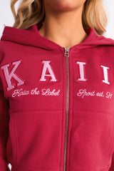 Kaiia Slogan Cropped Zip Up Hoodie Cranberry & Pink