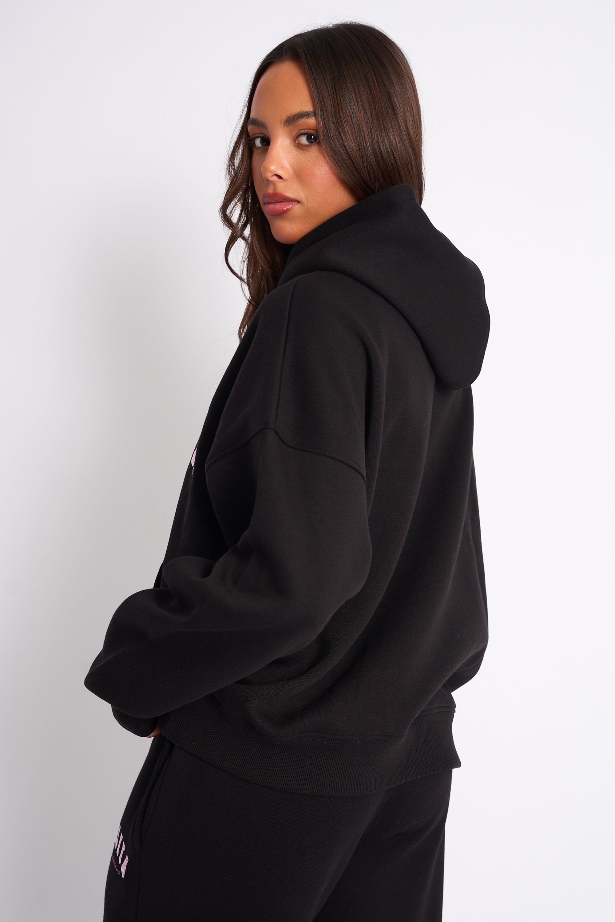 Kaiia Slogan Oversized Hoodie Black & Pink