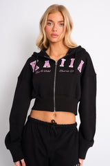 Kaiia Slogan Cropped Zip Up Hoodie Black & Pink