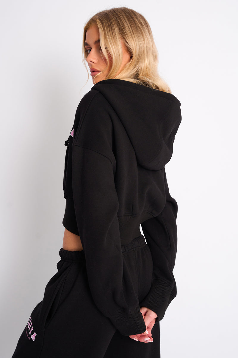 Kaiia Slogan Cropped Zip Up Hoodie Black & Pink