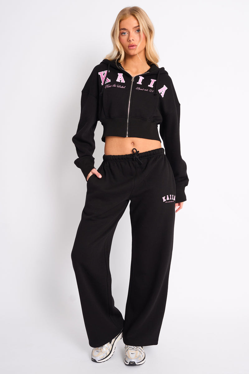 Kaiia Slogan Cropped Zip Up Hoodie Black & Pink