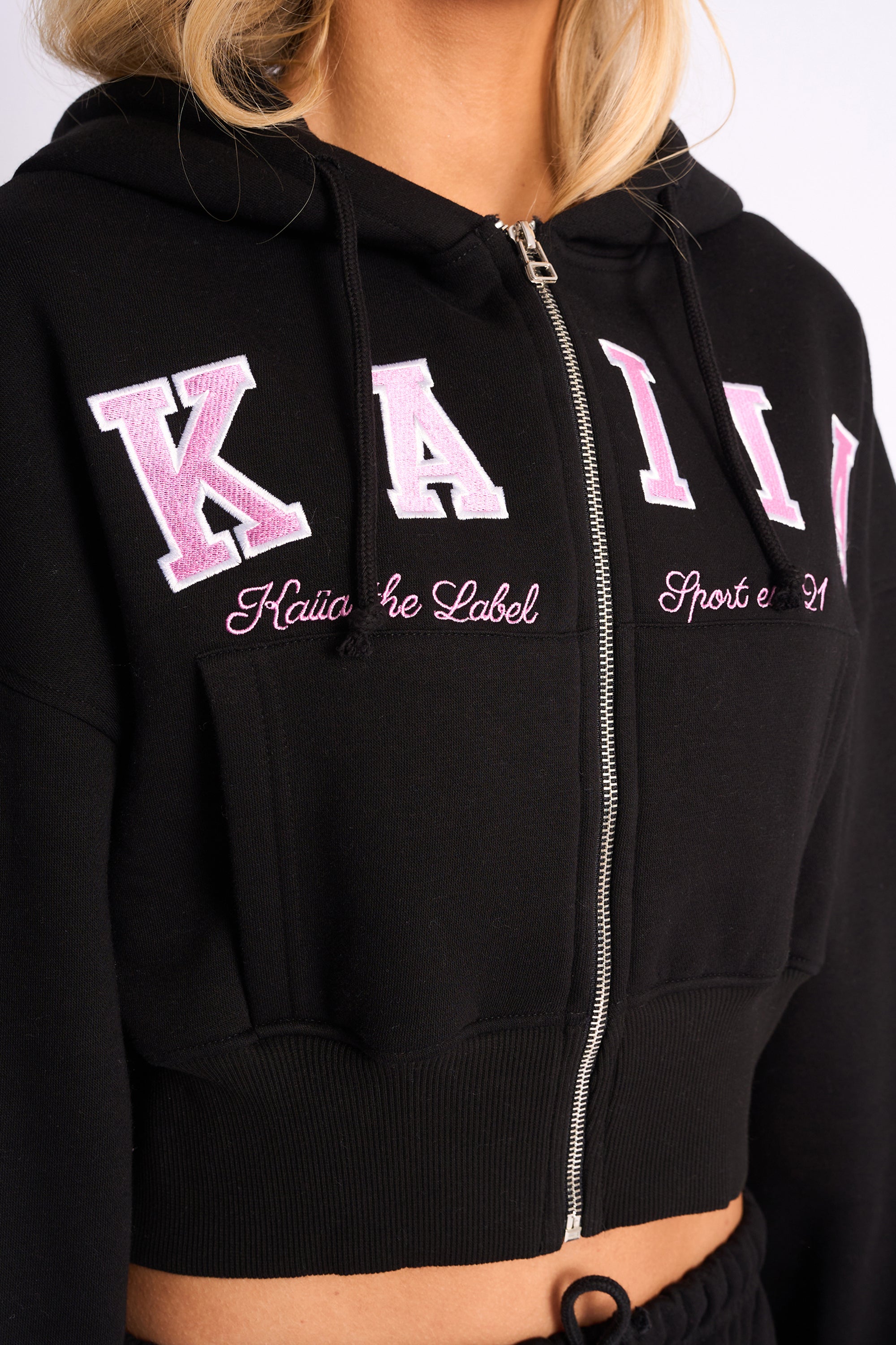 Kaiia Slogan Cropped Zip Up Hoodie Black Pink