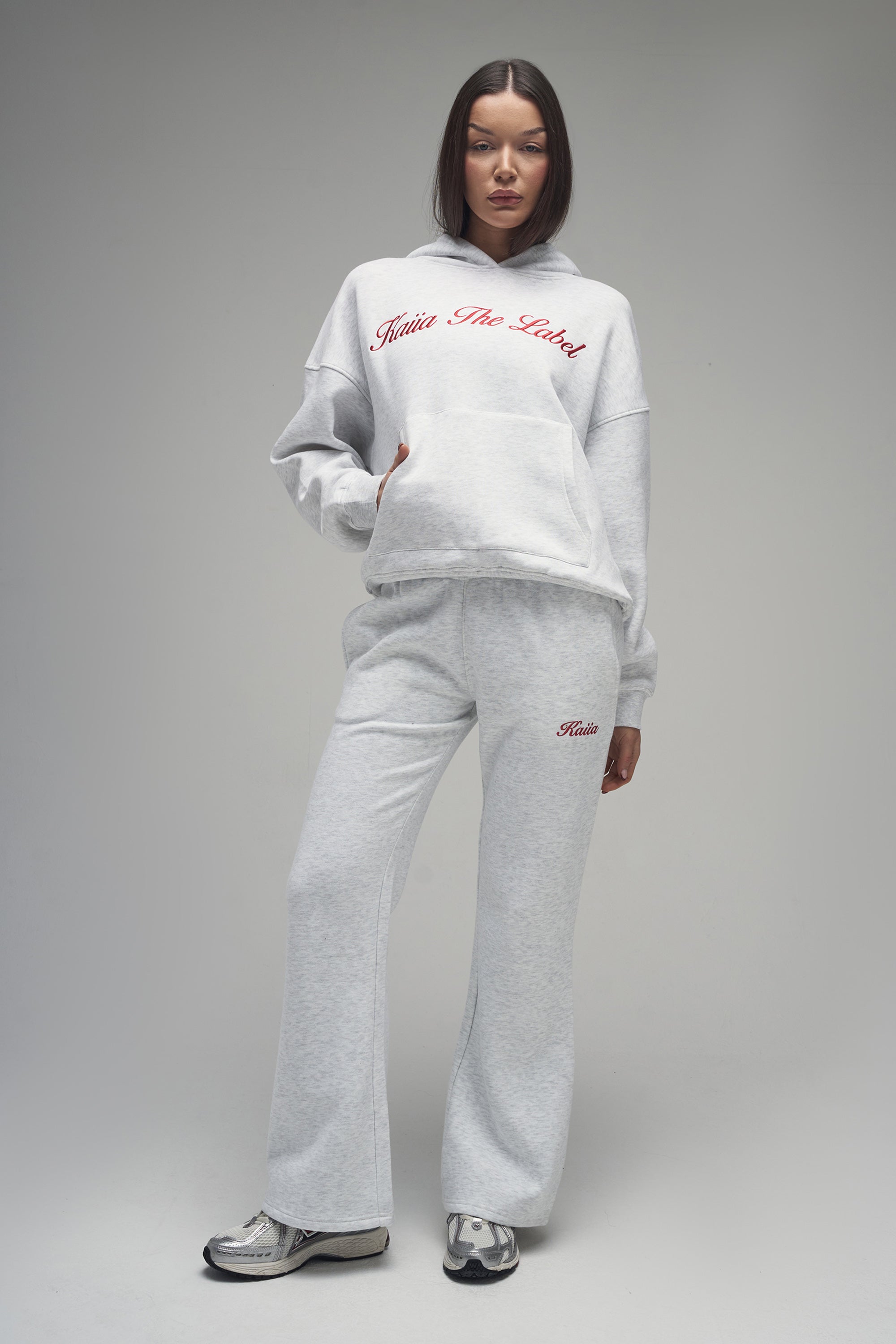 Kaiia Script Logo Oversized Hoodie Light Grey Marl & Red