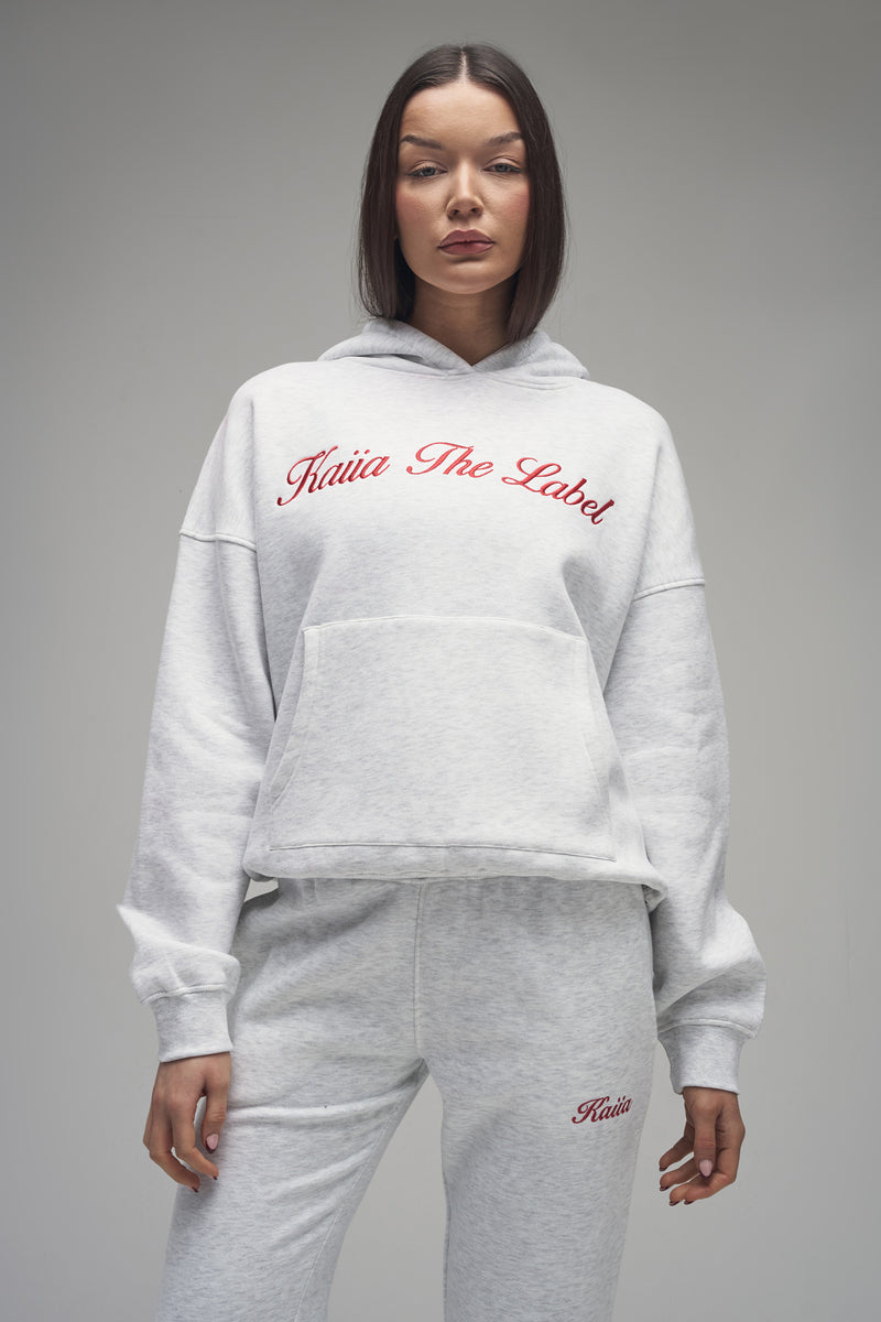 Kaiia Script Logo Oversized Hoodie Light Grey Marl & Red