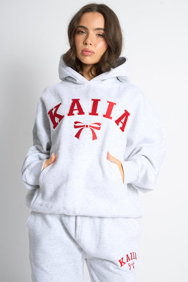 Kaiia Bow Embroidered Oversized Hoodie Light Grey Marl & Red