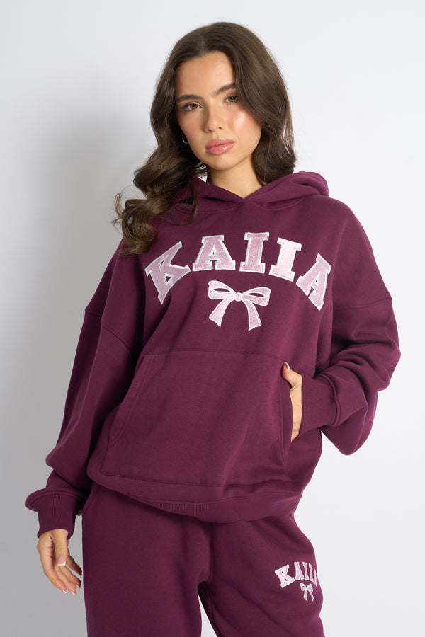 Kaiia Bow Embroidered Oversized Hoodie Plum & Baby Pink