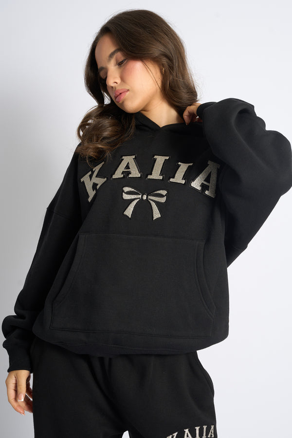 Kaiia Bow Embroidered Oversized Hoodie Black & Silver