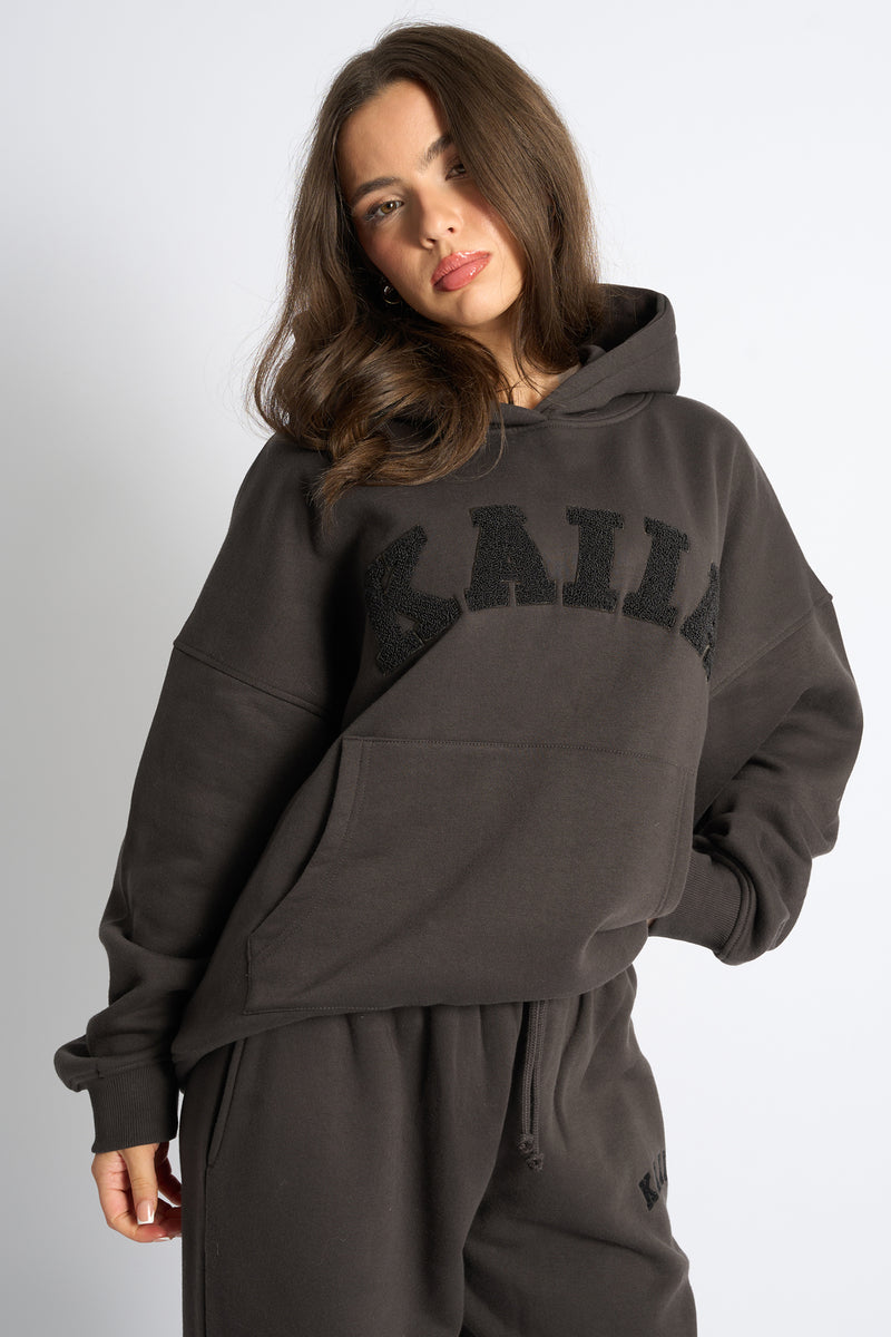 Kaiia Borg Slogan Oversized Hoodie Chocolate