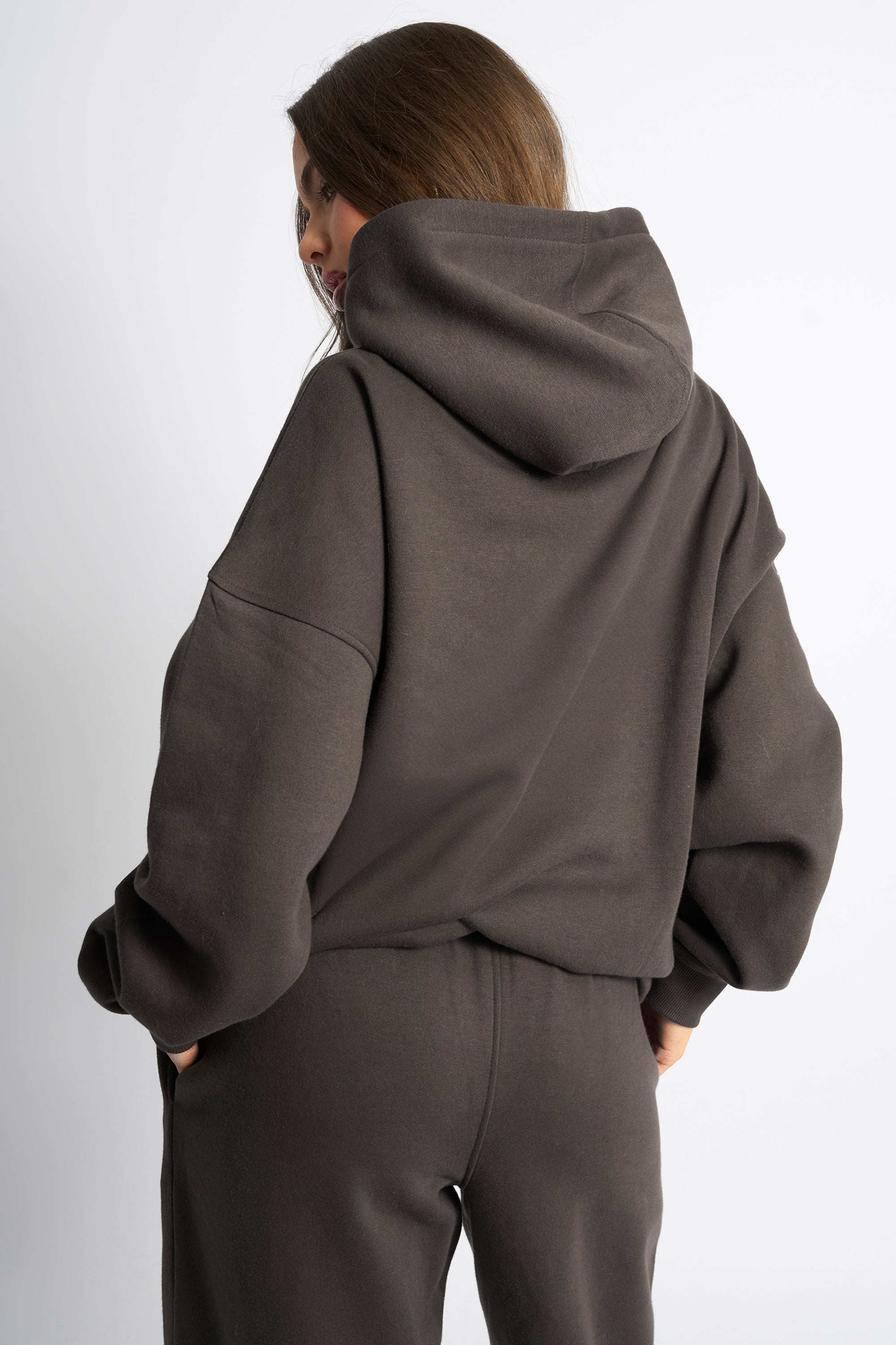 Kaiia Borg Slogan Oversized Hoodie Chocolate