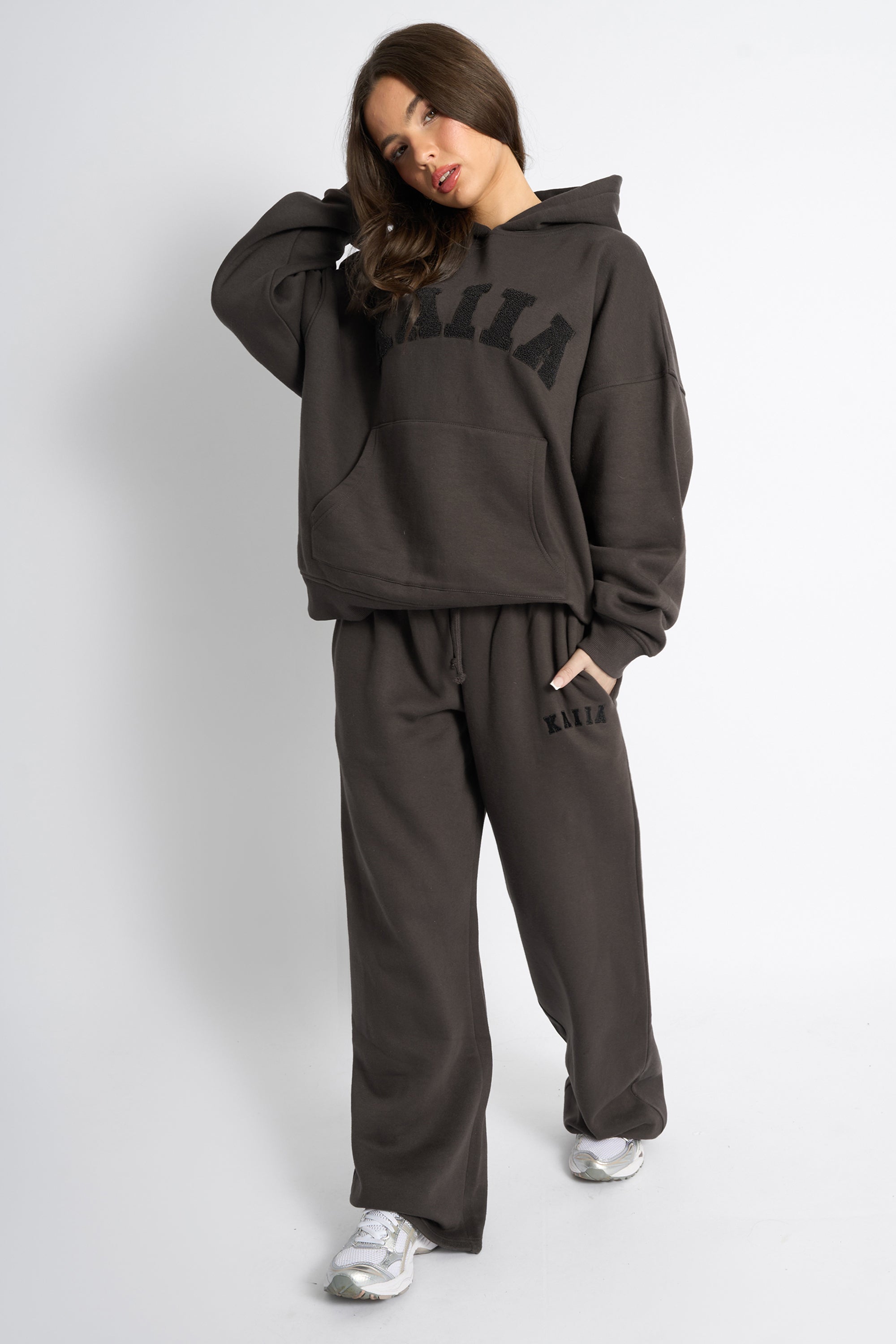 Kaiia Borg Slogan Oversized Hoodie Chocolate