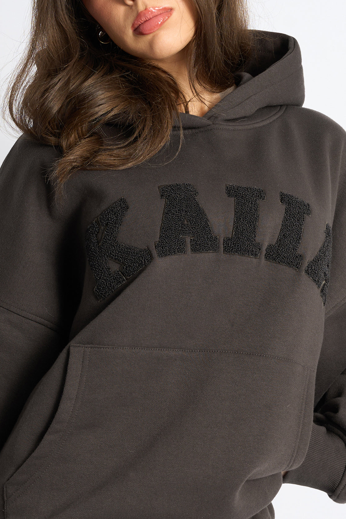 Kaiia Borg Slogan Oversized Hoodie Chocolate