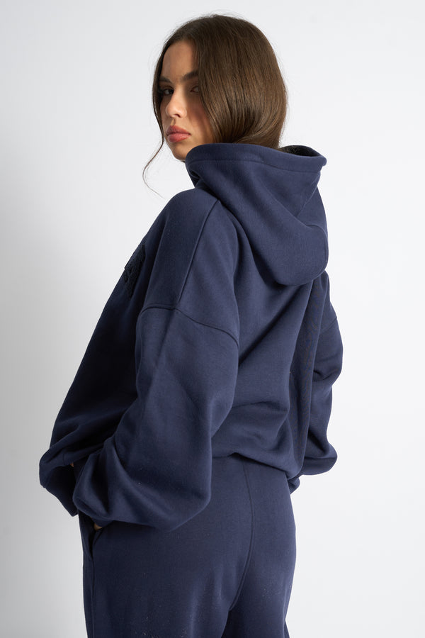 Kaiia Borg Slogan Oversized Hoodie Deep Blue