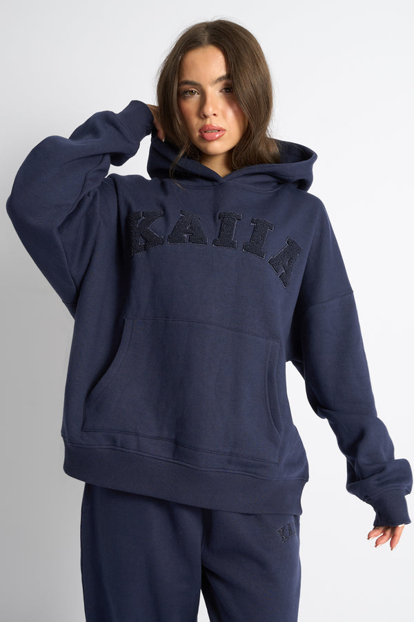 Kaiia Borg Slogan Oversized Hoodie Deep Blue