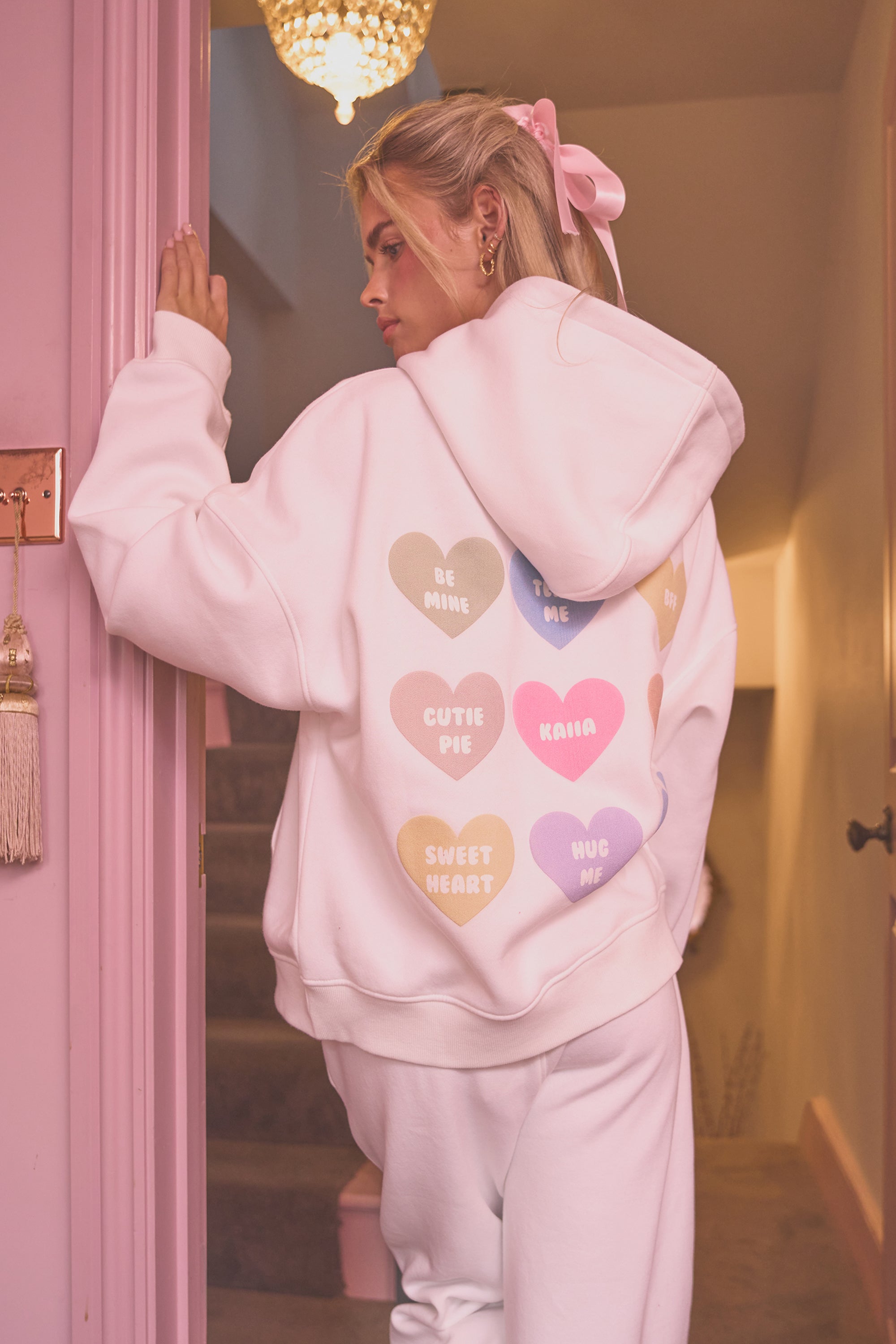 Kaiia Love Heart Graphic Oversized Hoodie White