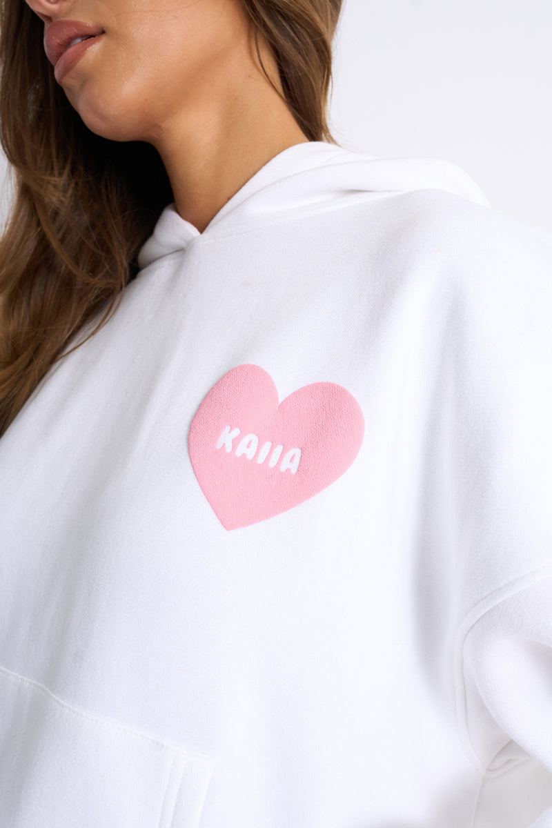 Kaiia Love Heart Graphic Oversized Hoodie White