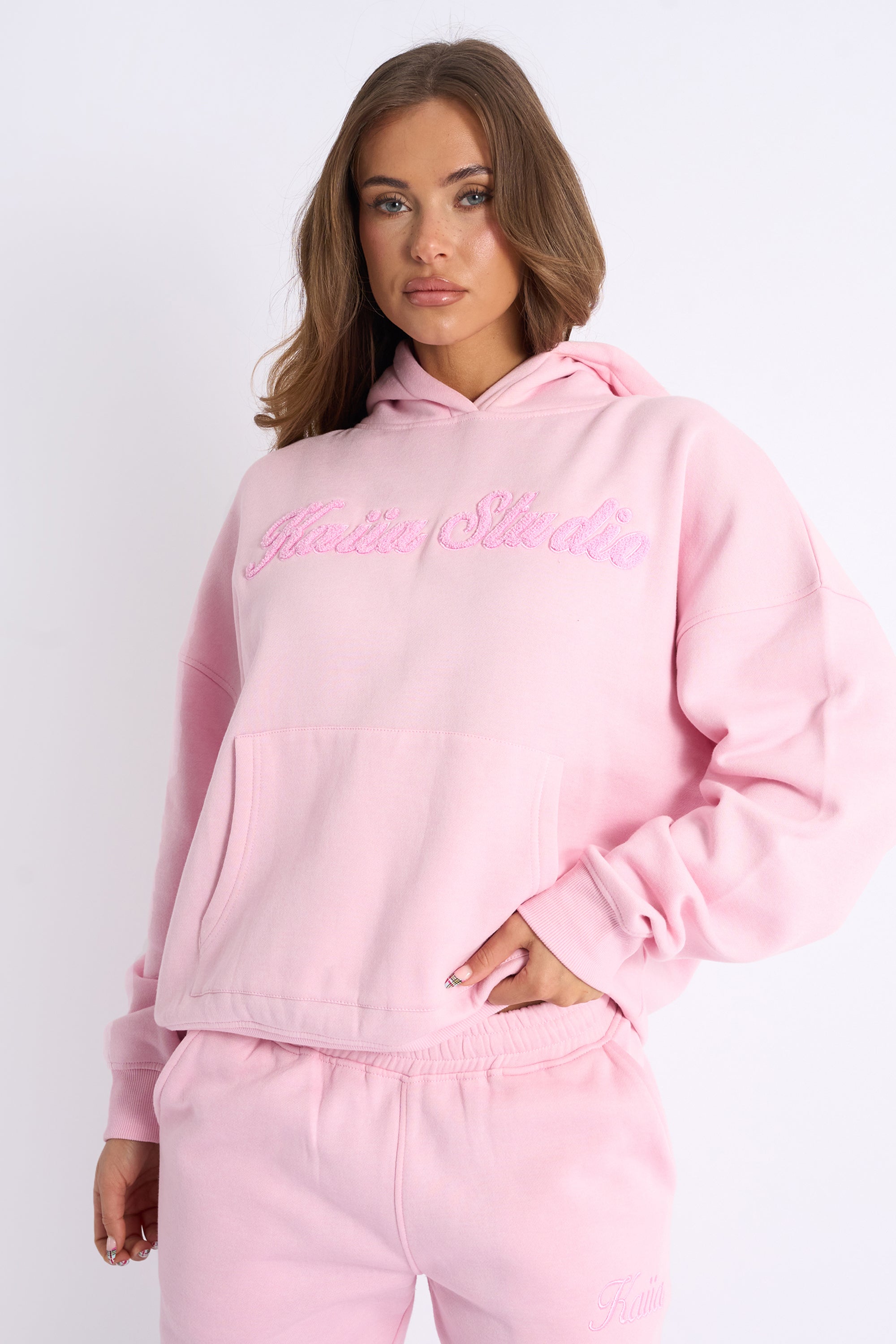 Kaiia Studio Borg Script Logo Oversized Hoodie Baby Pink