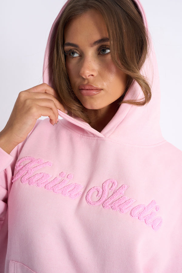 Kaiia Studio Borg Script Logo Oversized Hoodie Baby Pink