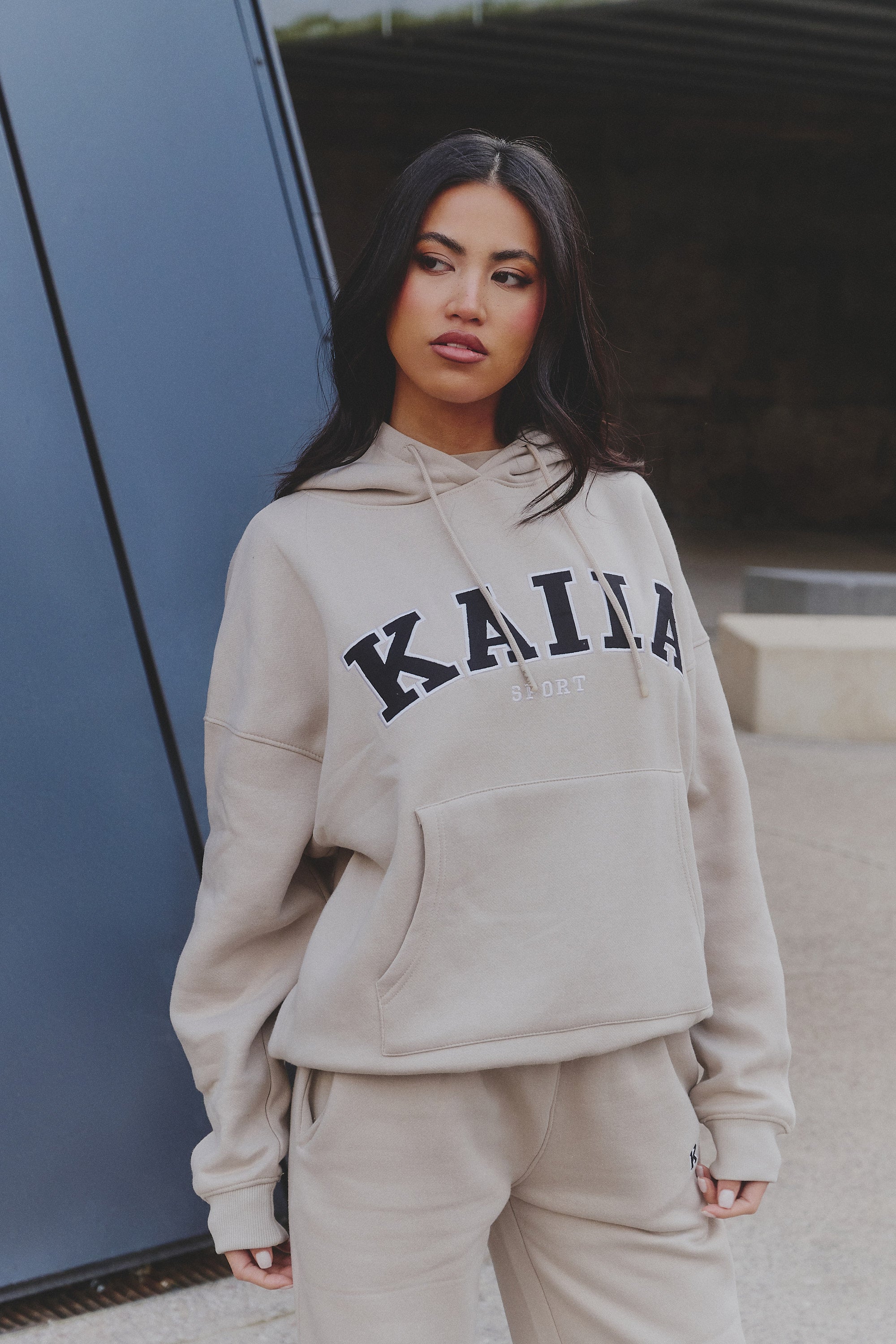 Kaiia Slogan Oversized Hoodie Almond