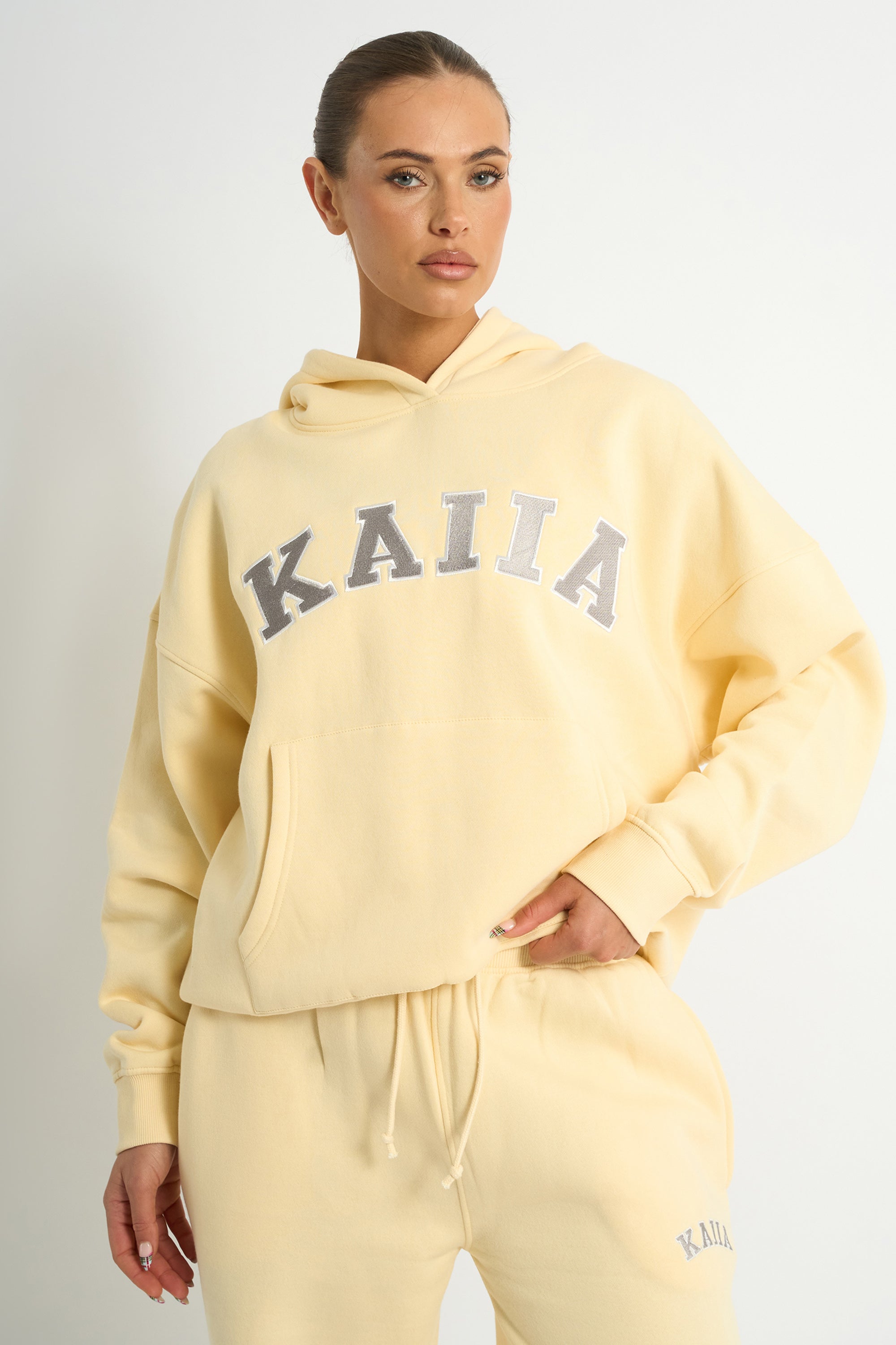 Kaiia Slogan Oversized Hoodie Soft Yellow & Grey