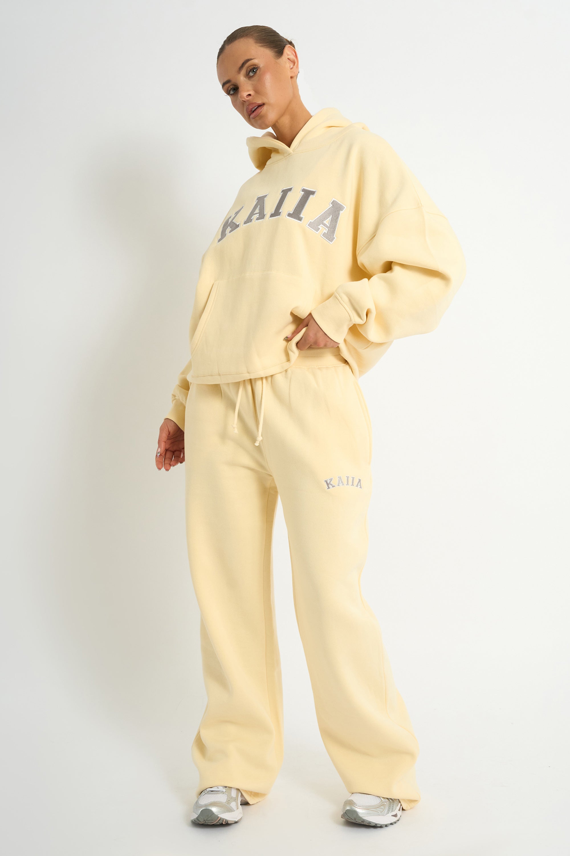 Kaiia Slogan Oversized Hoodie Soft Yellow & Grey