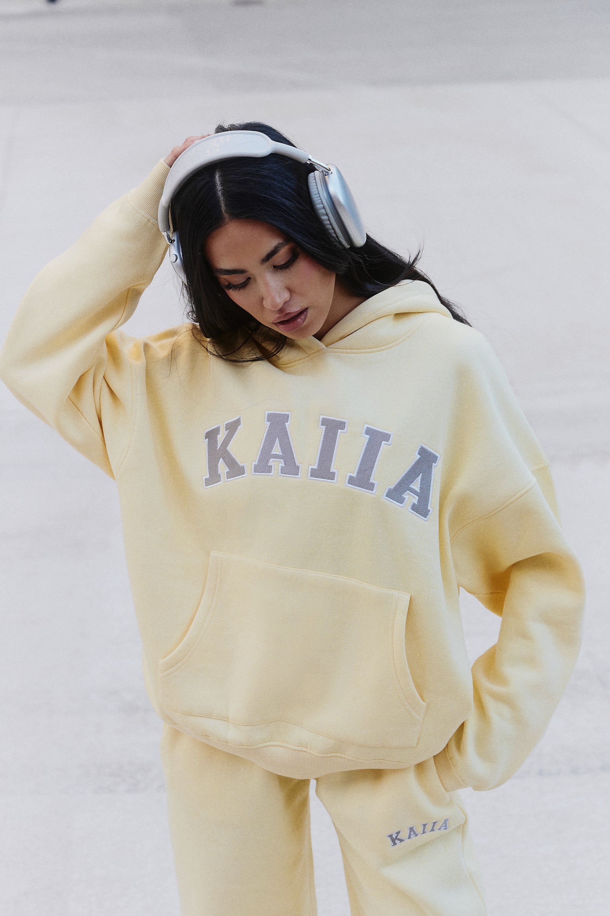 Kaiia Slogan Oversized Hoodie Soft Yellow & Grey