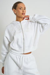 Kaiia Slogan Zip Through Oversized Hoodie White