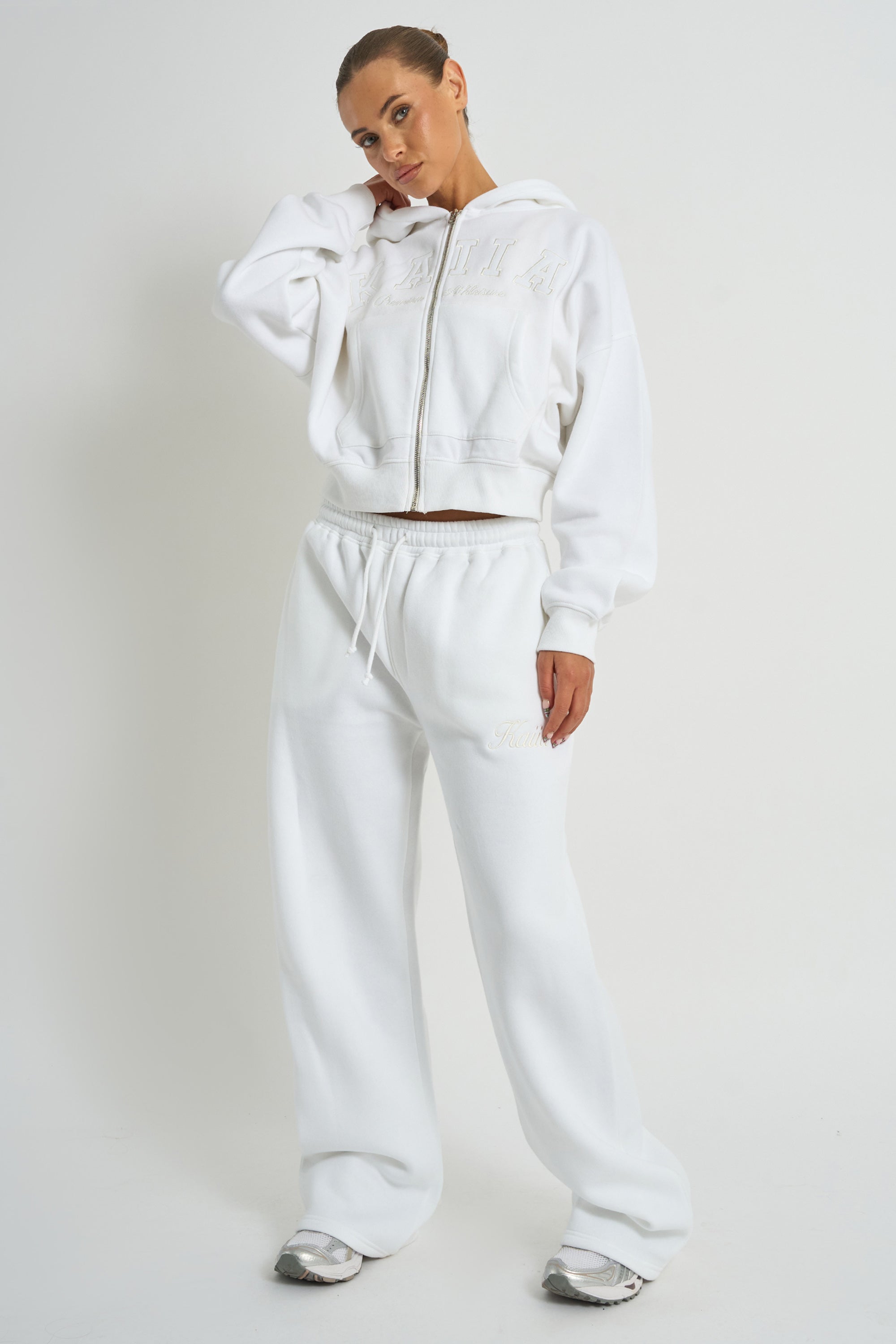 Kaiia Slogan Zip Through Oversized Hoodie White