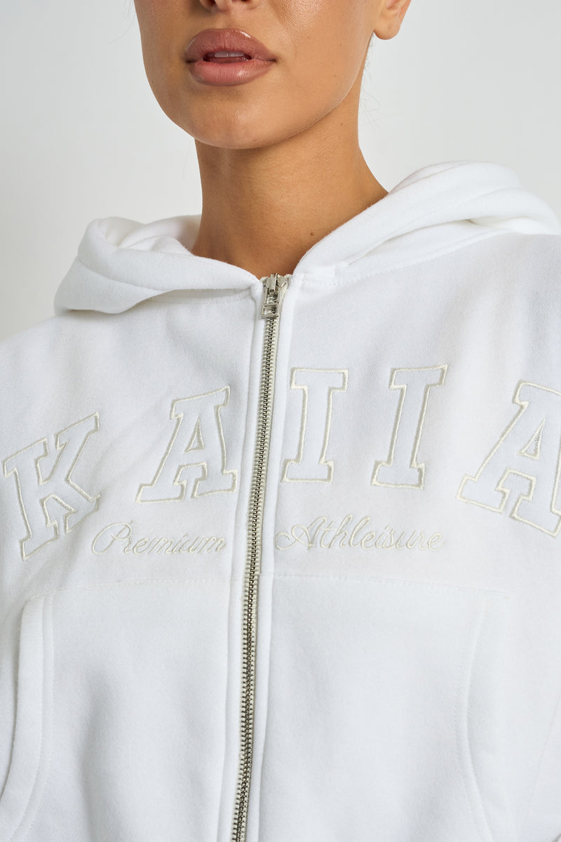 Kaiia Slogan Zip Through Oversized Hoodie White